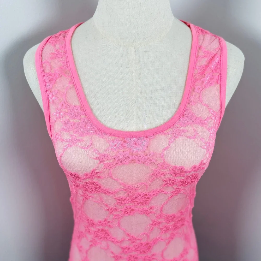 Bozzolo Women Lge Tank Top Pink Floral Lace Long Sheer Racerback Y2K Barbiecore - Picture 2 of 8